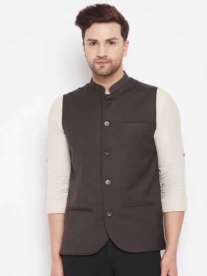 Men's Brown Color Woven Nehru Jacket