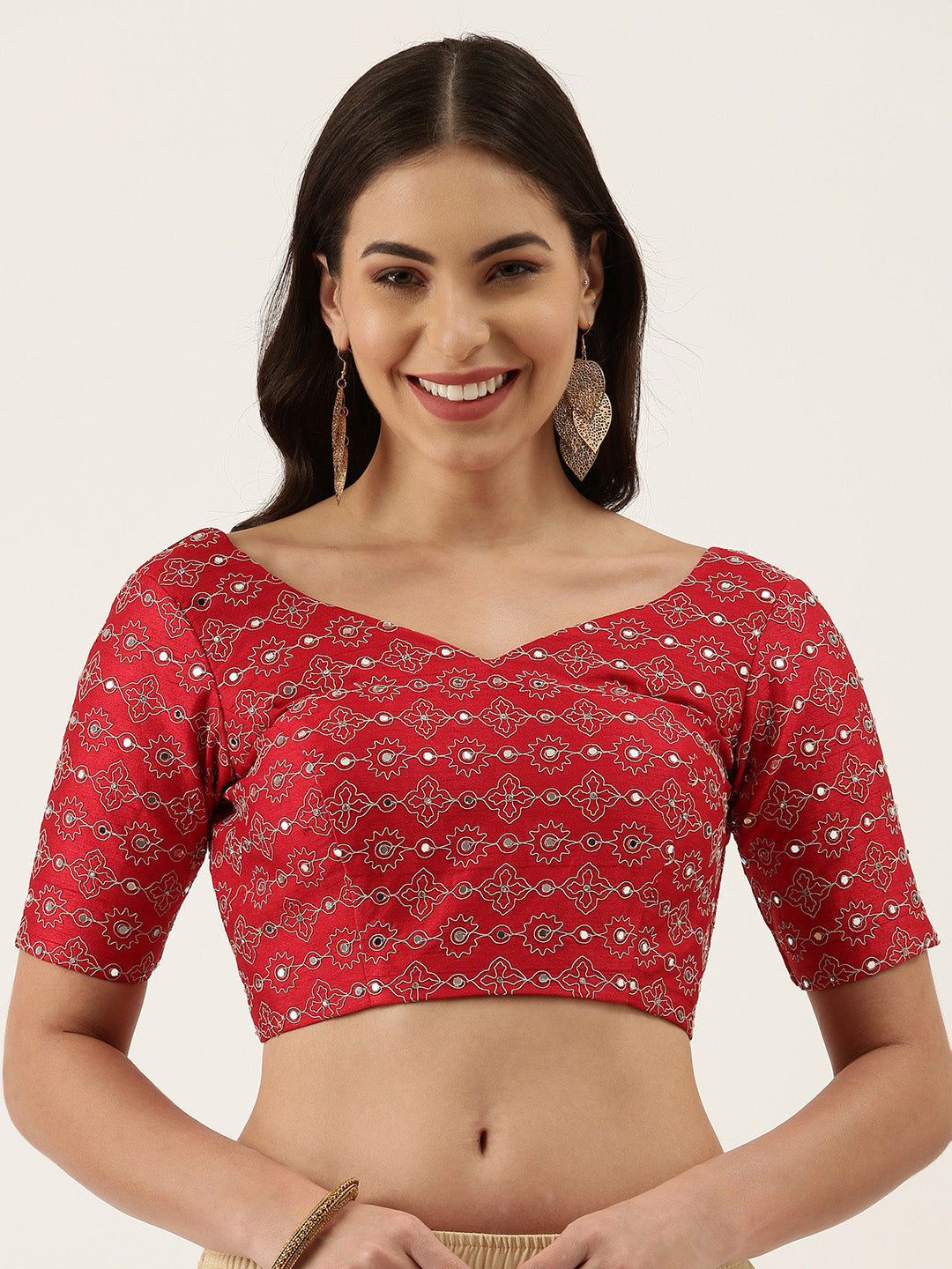 Women's Red Mirror Work Pure Silk Blouse