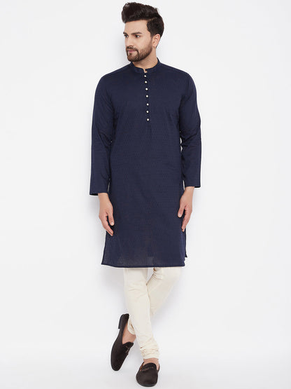 Men's Woven Design Navy Straight  Kurta