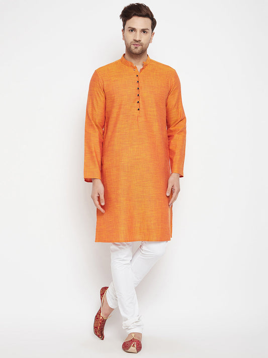 Men's Orange Color Long Kurta with Band Collar