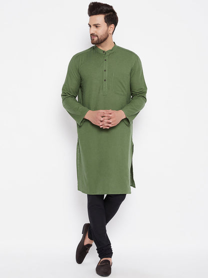 Men's Solid Linen Green Straight Kurta