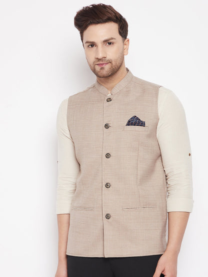 Men's Cream Color Nehru Jacket-Contrast Lining-Inbuilt Pocket Square