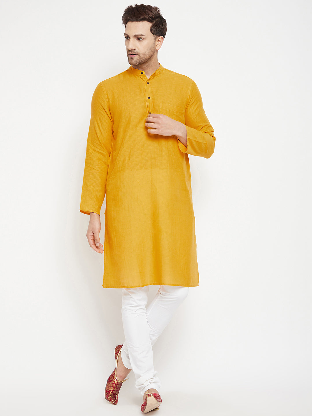 Men's Yellow Color Long Kurta with Band Collar