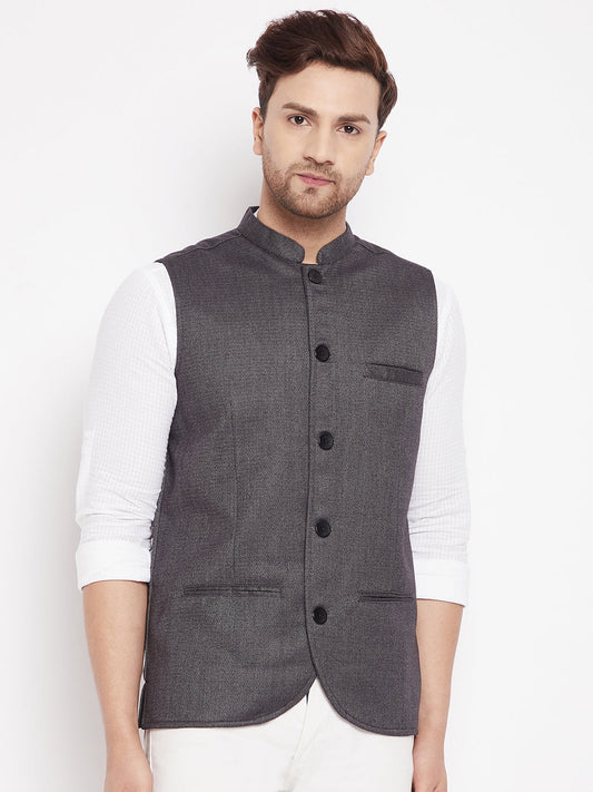 Men's Grey Color Woven Nehru Jacket