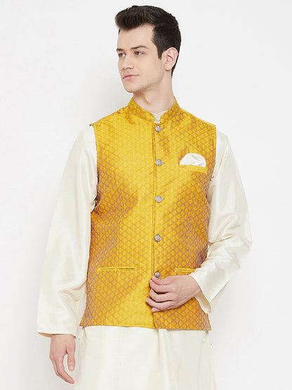 Men's Jacquard Yellow Silk Nehru Jacket