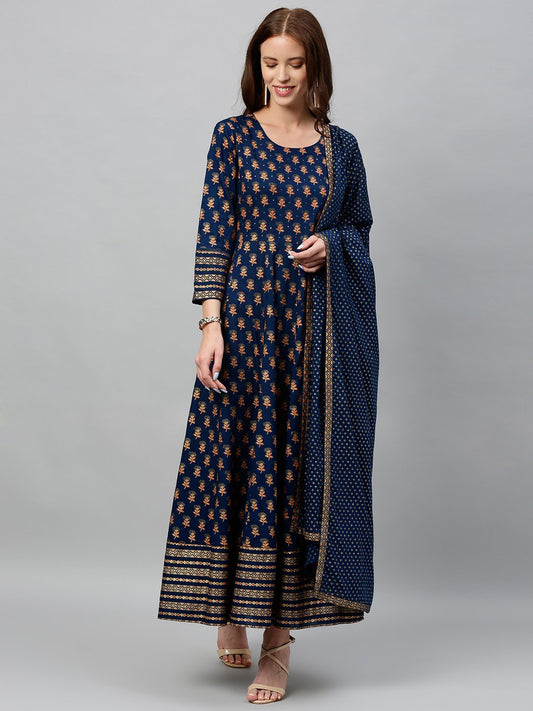 Women's Foral Printed Anarkali Kurta & Dupatta Set Blue Color With Waist Tie-Up Detail