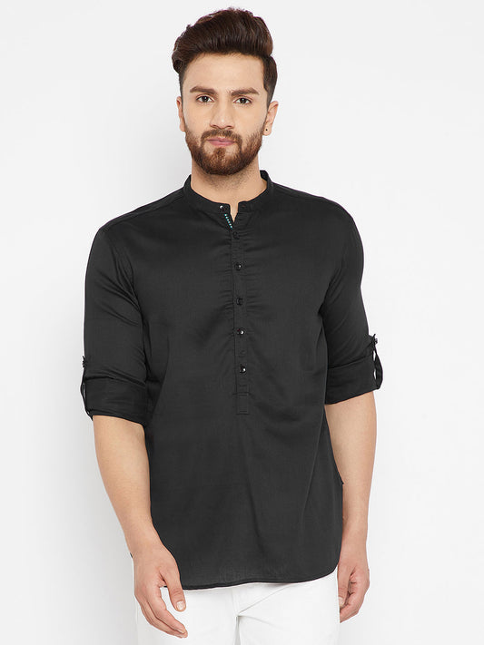 Men's Black Pure Cotton Solid Shirt Kurta