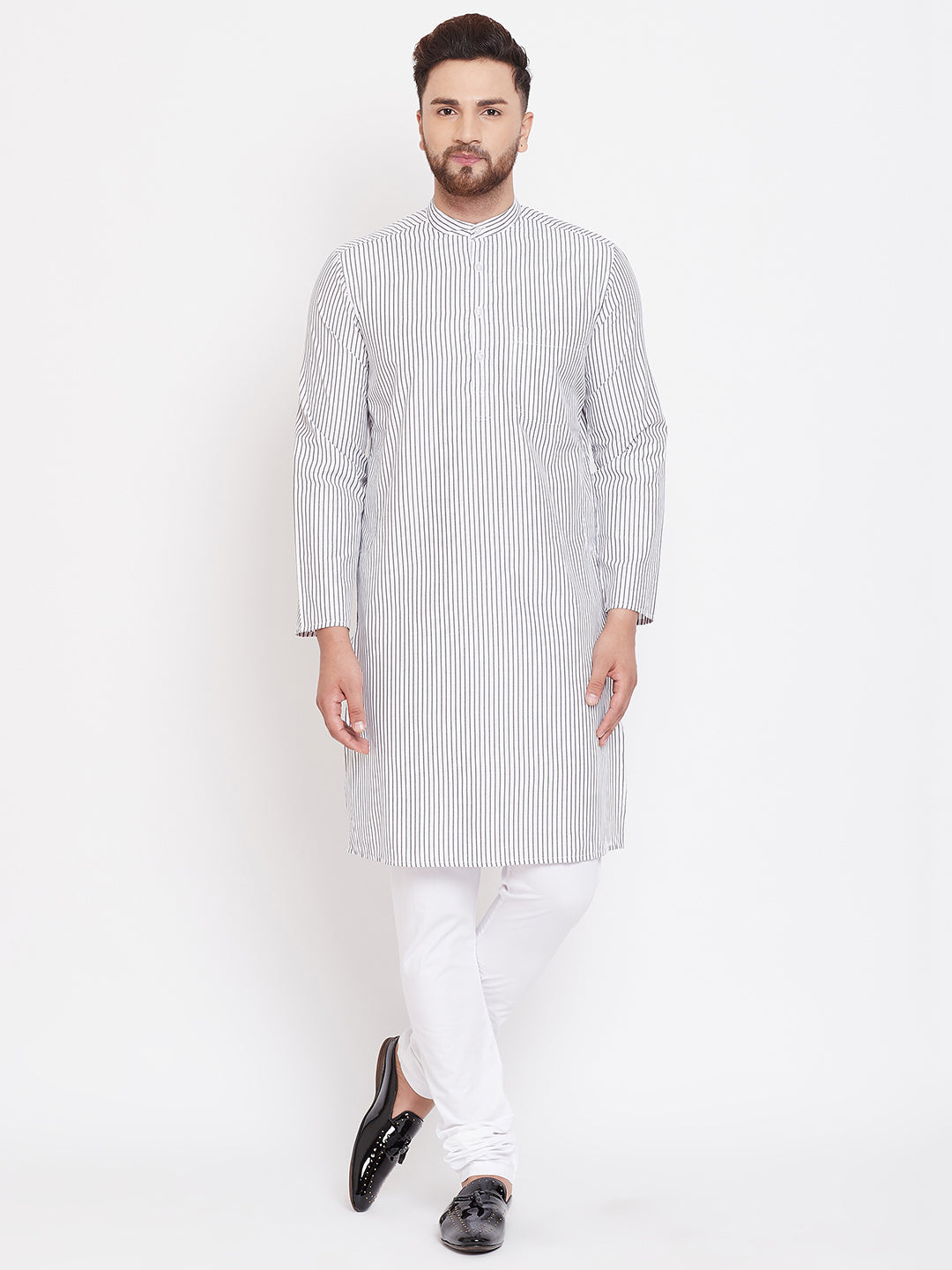 Men's Pure Cotton White Striped Kurta