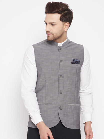 Men's Grey Color Woven Nehru Jacket