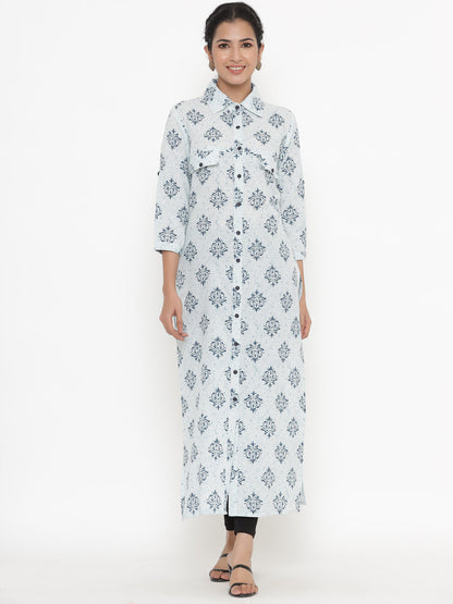 Women's Self Desgin Cotton Fabric A-Line Kurta Blue Color