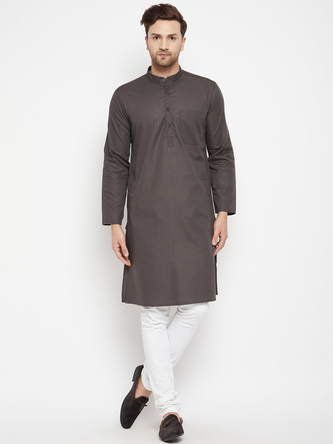 Men's Brown Color Long Kurta with Band Collar