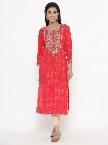 Women's Self Desgin Rayon Fabric Straight Kurta Red Color