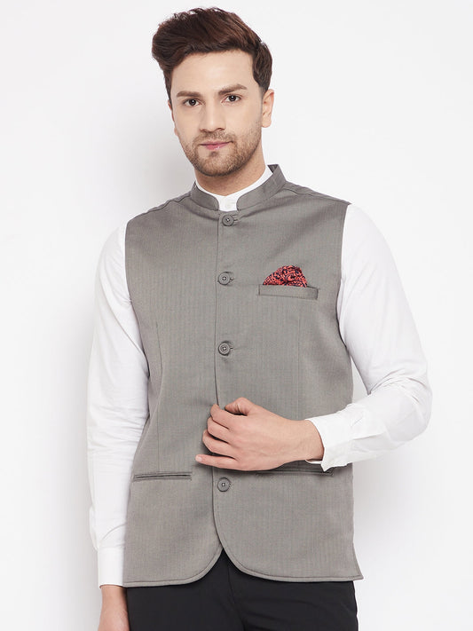 Men's Grey Color Nehru Jacket-Contrast Lining-Inbuilt Pocket Square