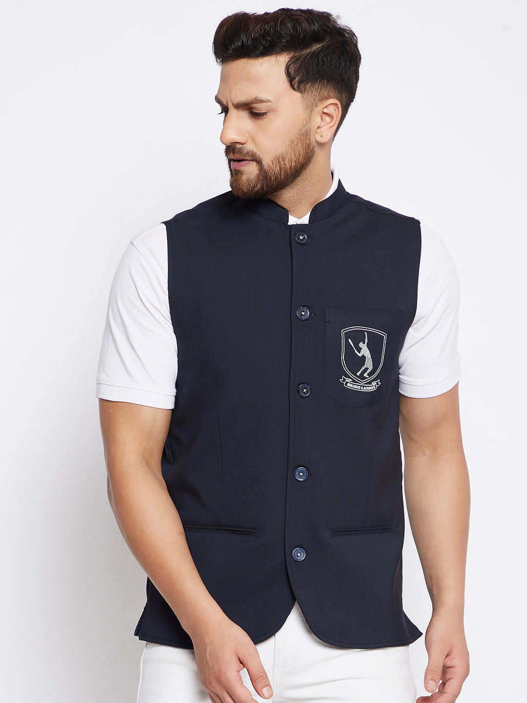 Men's Blue Woven Design Nehru Jacket