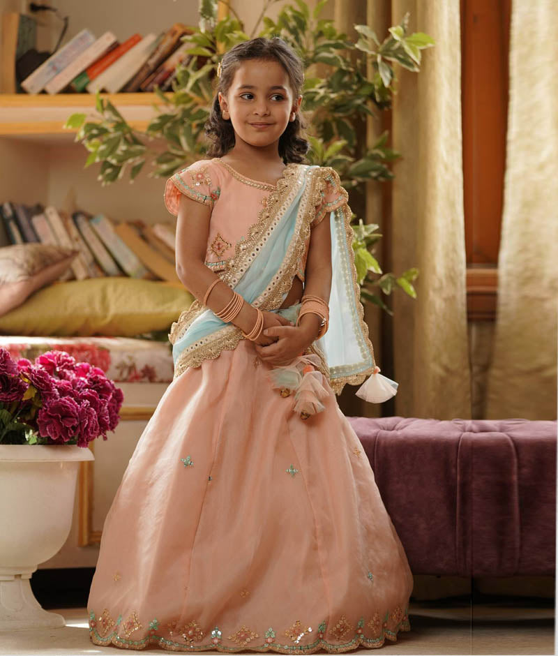 Girl's Peach Embroidery Organza Lehenga Choli And Blue Dupatta