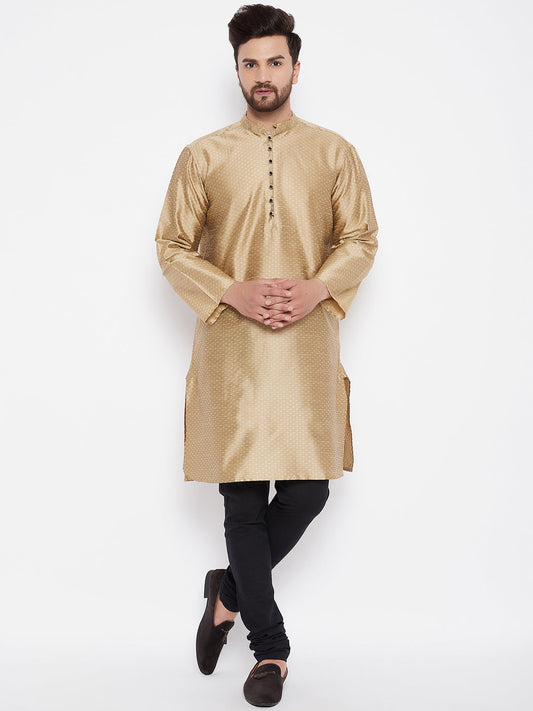 Men's Woven Design Gold Straight  Kurta