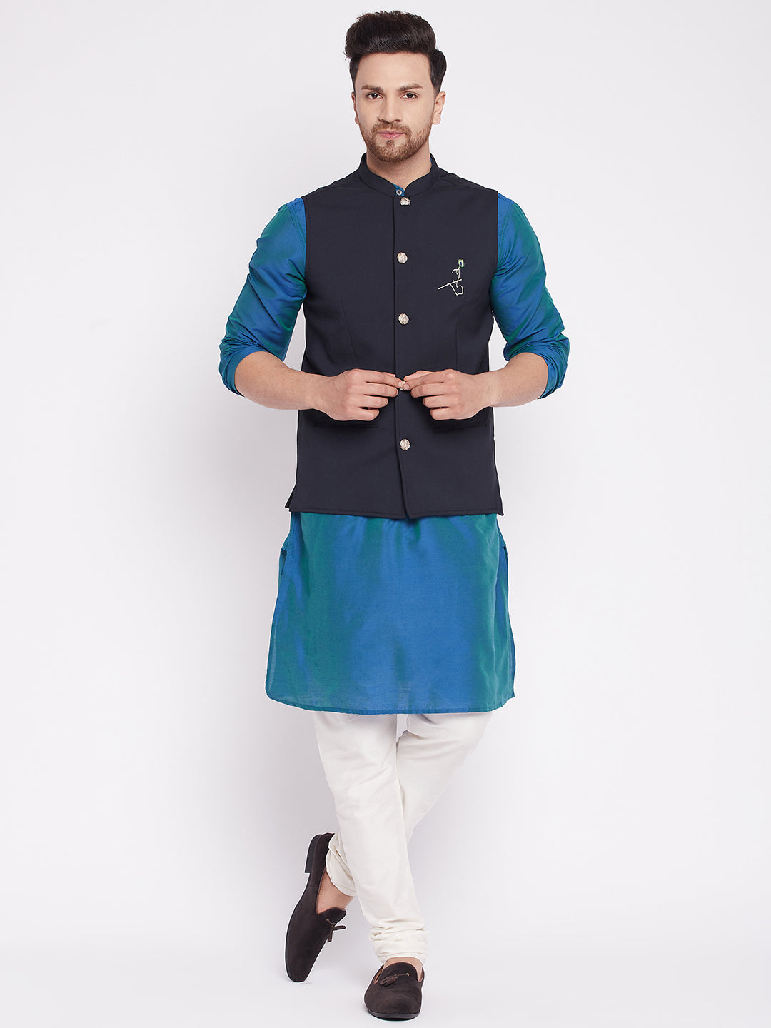 Men's Nehru Jacket With Embroided Insignia Of Lord Krishna -