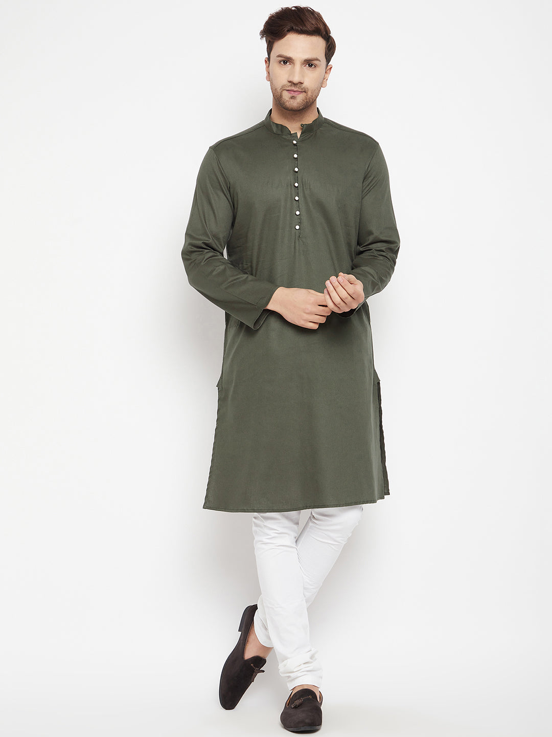 Men's Green Color Long Kurta with Band Collar