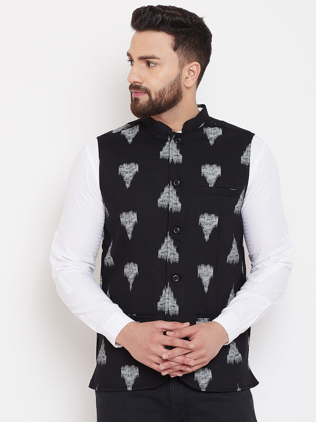 Men's Black Geometric Print Nehru Jacket