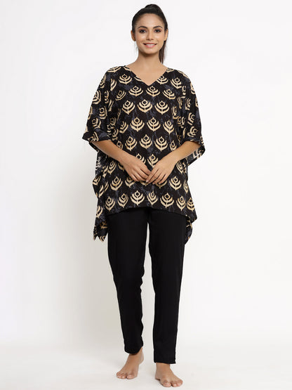 Women's Self Desgin Rayon Fabric Kaftan & Pant Black Color