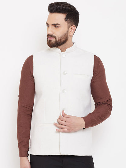 Men's White Wool Nehru Jacket