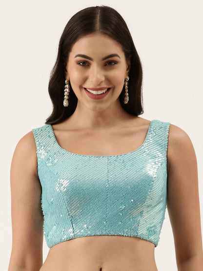 Women's Turquoise Sequince Work Net Blouse