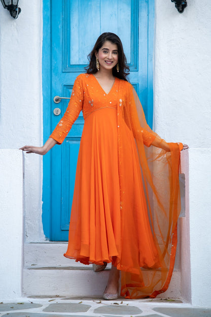 Women's Orange Anarkali Set - Label Shaurya Sanadhya