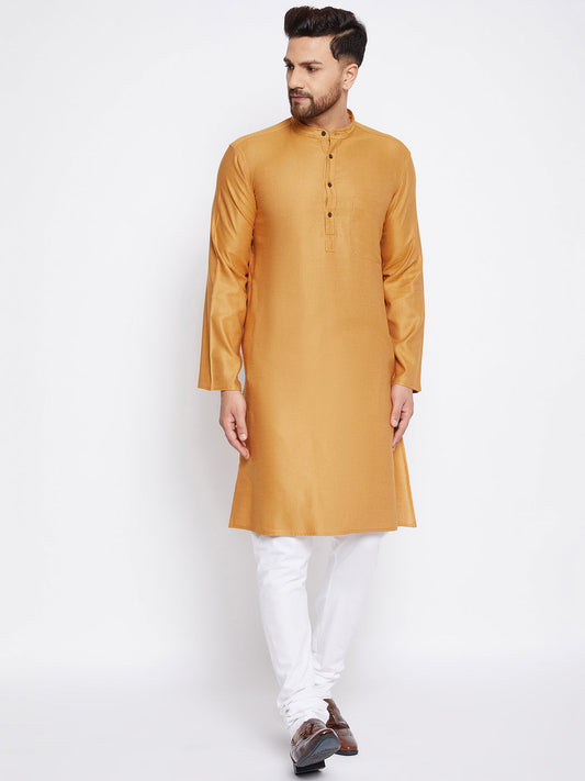 Men's Woven Design Yellow Straight Kurta