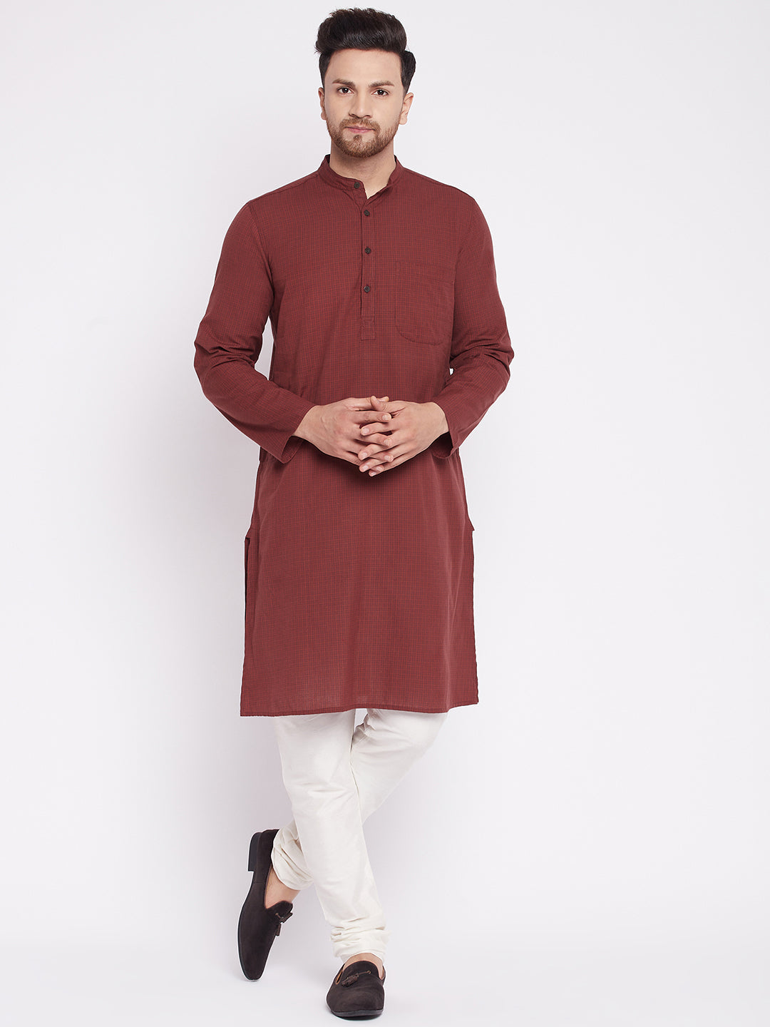 Men's Long Kurta with Band Collar -