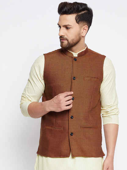 Men's Bronze Woven Design Nehru Jacket