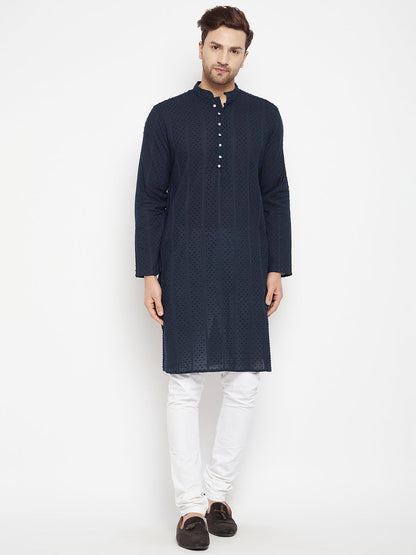 Men's Blue Color Long Kurta with Band Collar