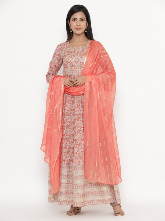 Women's Self Desgin Cotton Fabric Anarkali & Dupatta Off-White Color