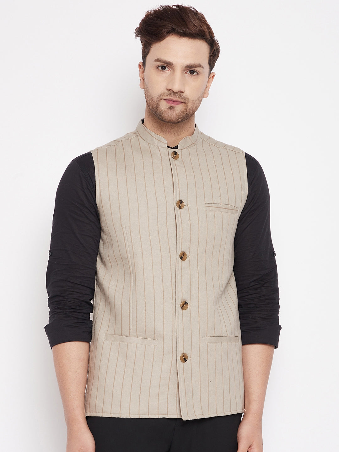 Men's Beige Color Woven Nehru Jacket