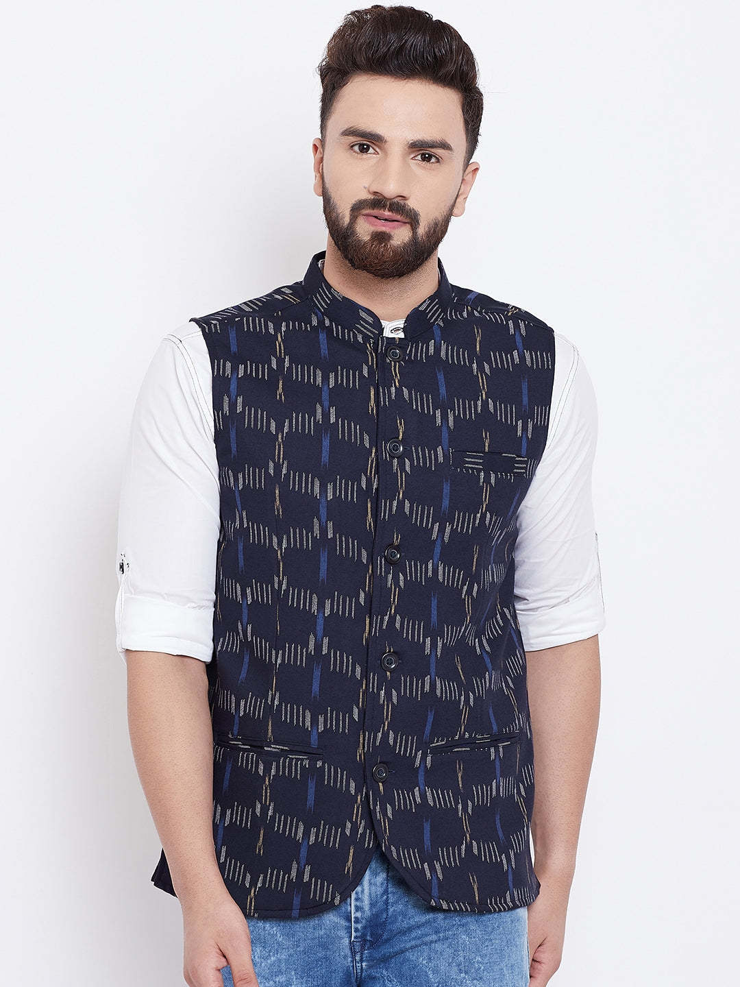 Men's Printed Navy Blue Nehru Jacket