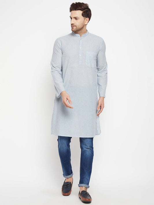 Men's Grey Color Long Kurta with Band Collar