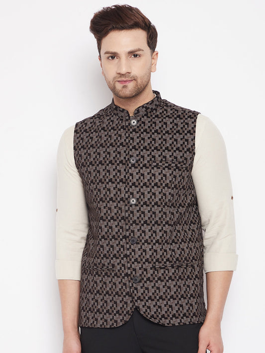 Men's Black Color Woven Nehru Jacket