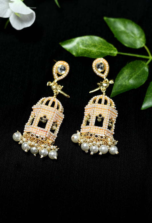 Golden Color Bird Nest Earrings with Pearls Jker_154