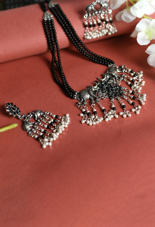 Trendia Silver-Plated Black Kundan Elephant design Necklace Set Jkms_113