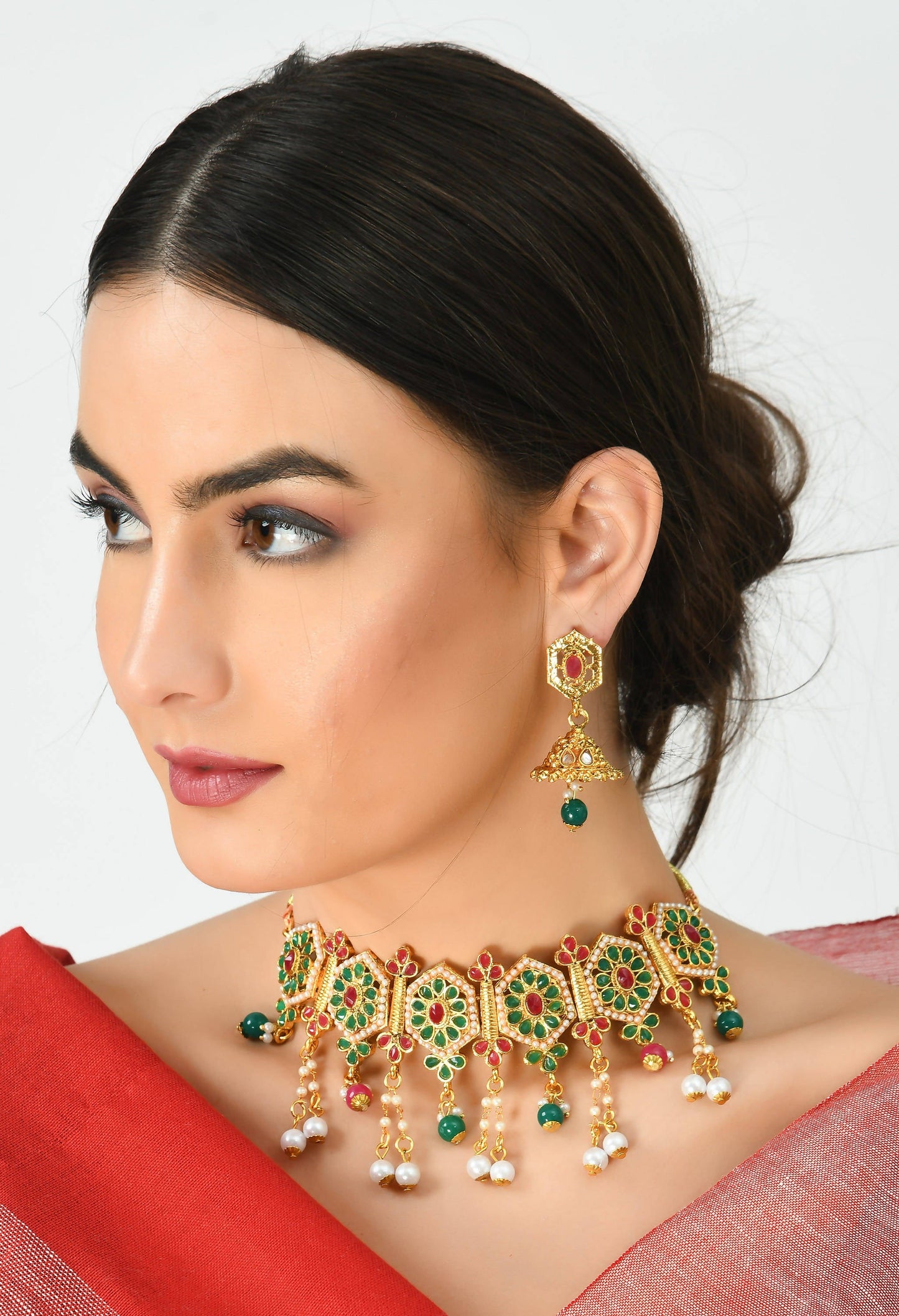 Gold-Plated Chokar Jaipuri Necklace Multi color with Earrings Jkms_117