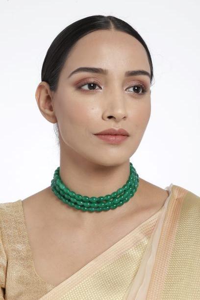 Women's Gold Plated Green Handcrafted 3 Layer Light Weighted Emerald Pearl Choker Necklace Set