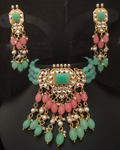 Women's Premium Quality CZ Monalisa Glass Green Peechy Pink Pearls Pachi kundan Choker Jewellery Set