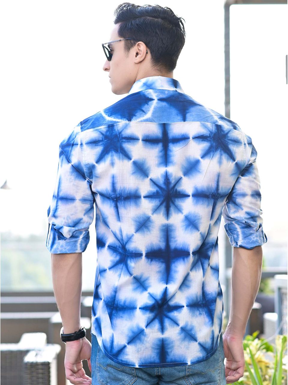 Men's Light Blue Clamp Dyeing Cotton Shirt