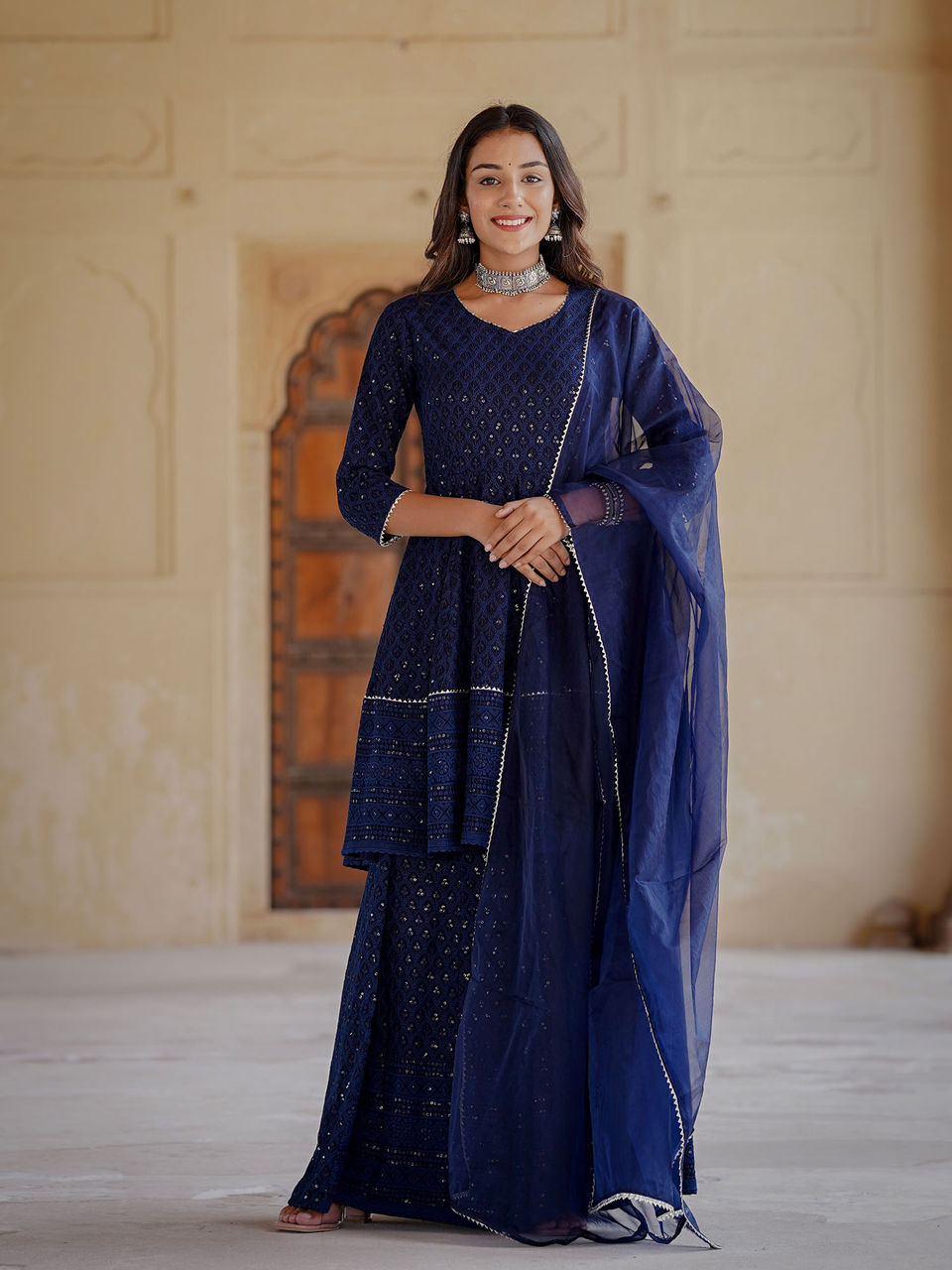 Women's Cobalt Blue Peplum Kurta Palazzo Set