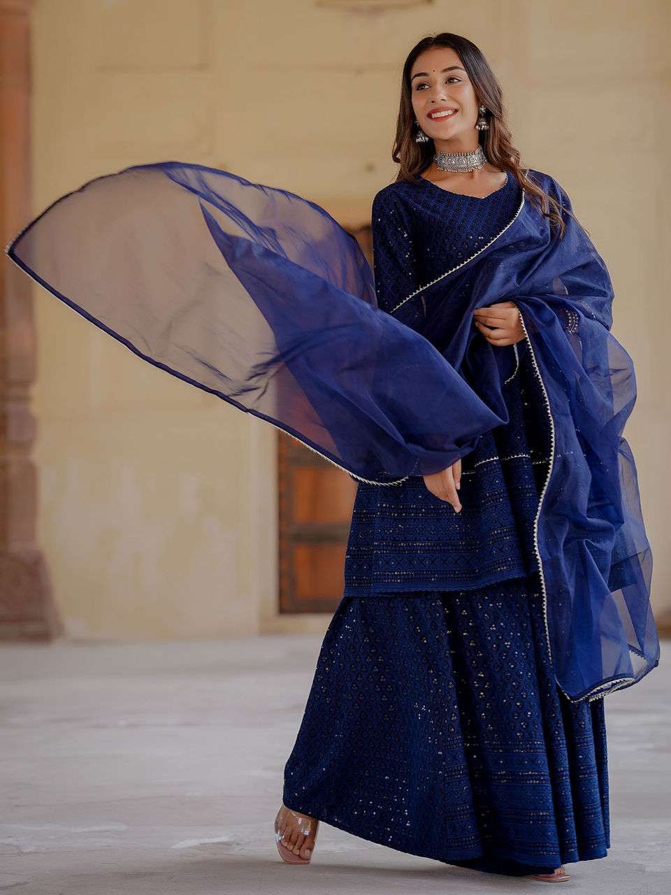 Women's Cobalt Blue Peplum Kurta Palazzo Set