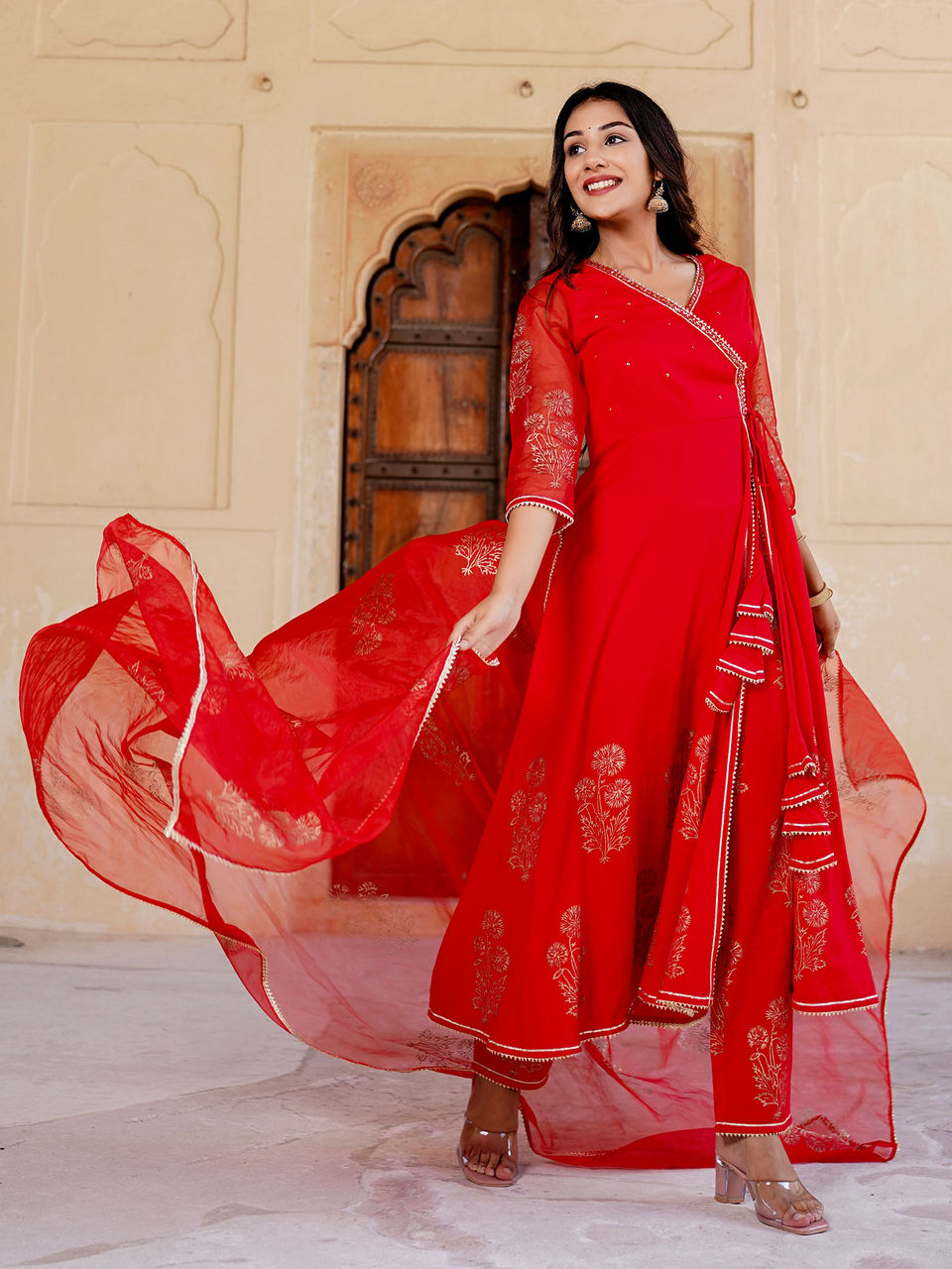 Women's Bright Red Mugal Anarkali Suit Set