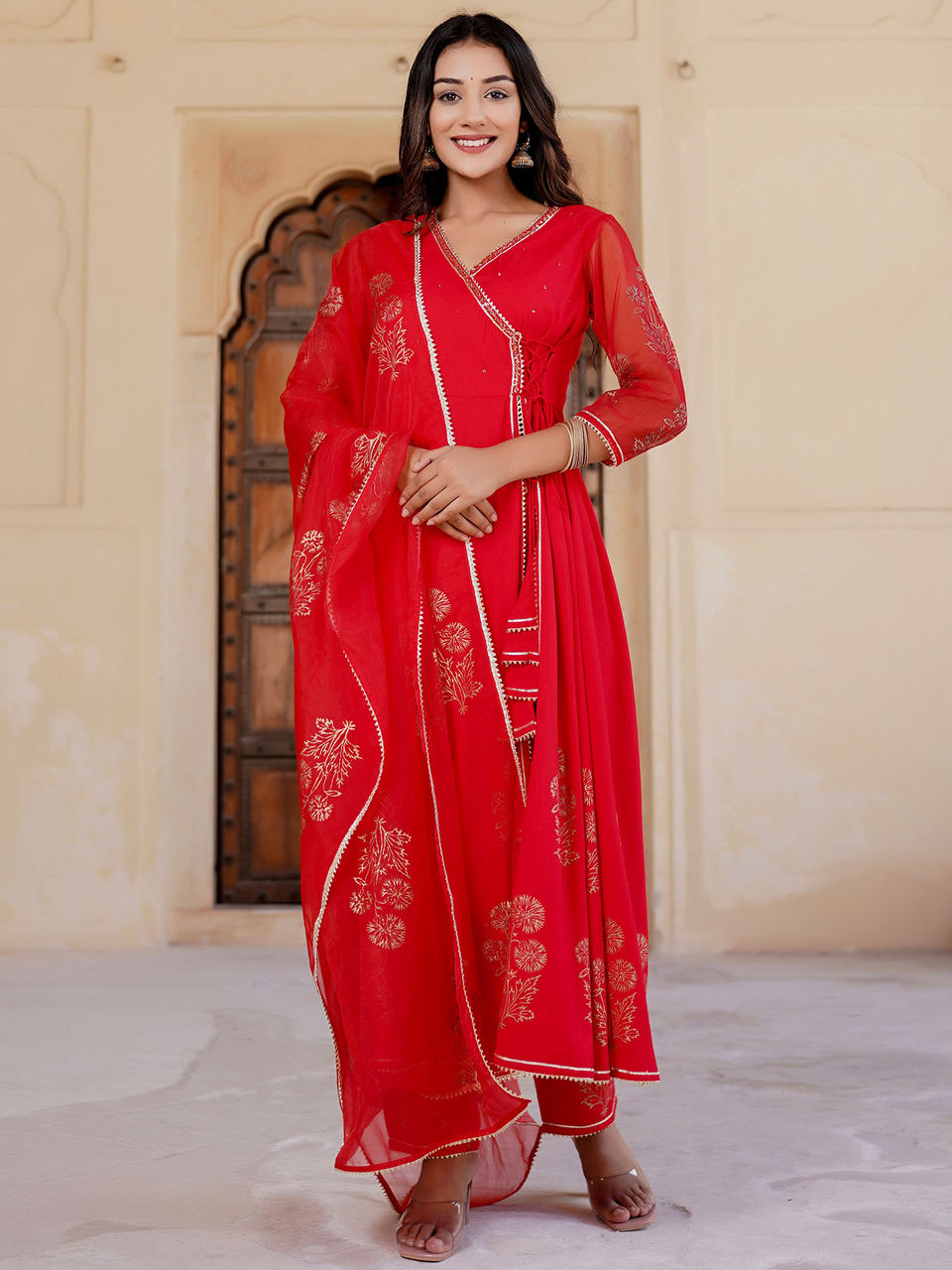 Women's Bright Red Mugal Anarkali Suit Set