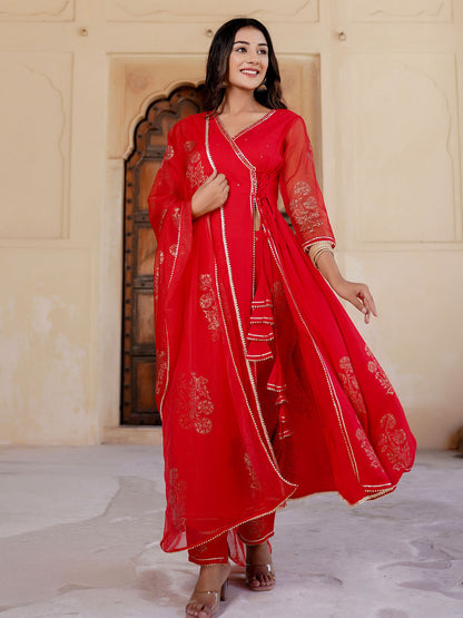 Women's Bright Red Mugal Anarkali Suit Set