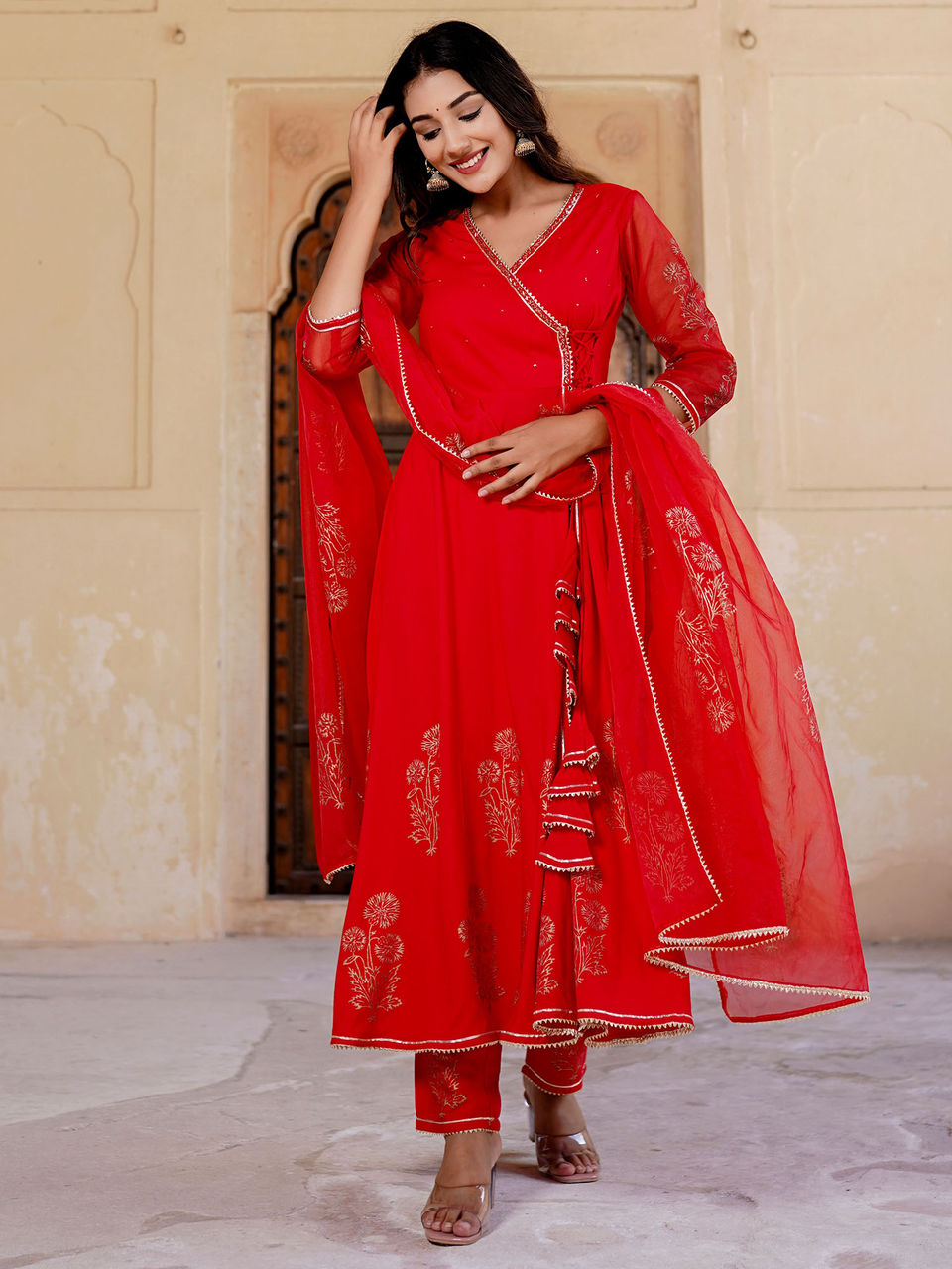 Women's Bright Red Mugal Anarkali Suit Set