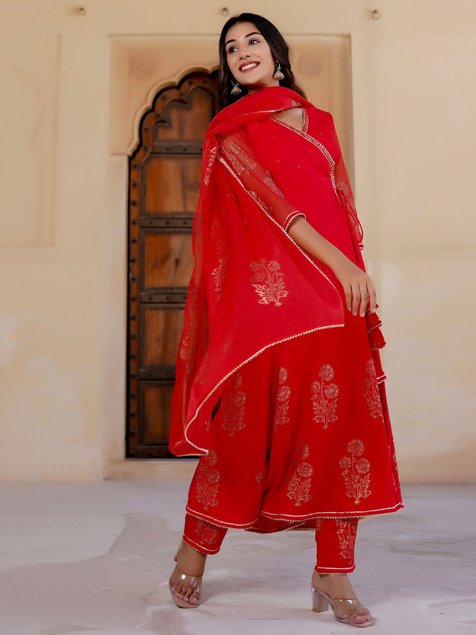 Women's Bright Red Mugal Anarkali Suit Set