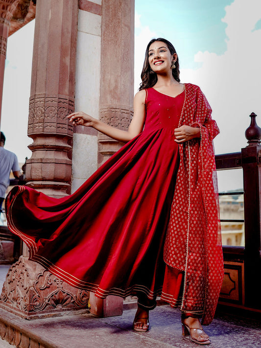 Women's Ornamental Maroon Flared Anarkali Set